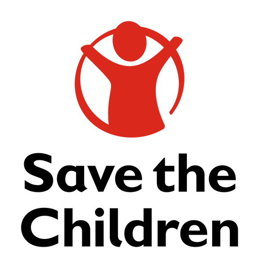 Logo of Save the Children with a red silhouette of a child and text on a white background