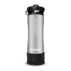 Silver water bottle with black lid and 'Lifesaver' branding on a white background