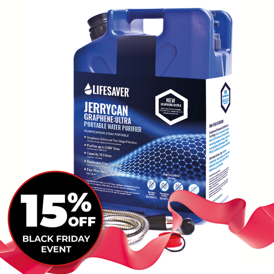Lifesaver Jerrycan Graphene Ultra Family pack with a black Friday discount offer on a white background.