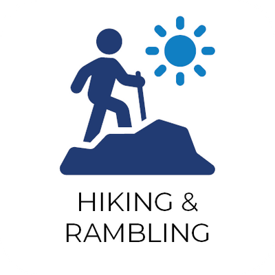 Blue icon of a hiker on a mountain with a sun above, labeled 'Hiking & Rambling' on a white background.