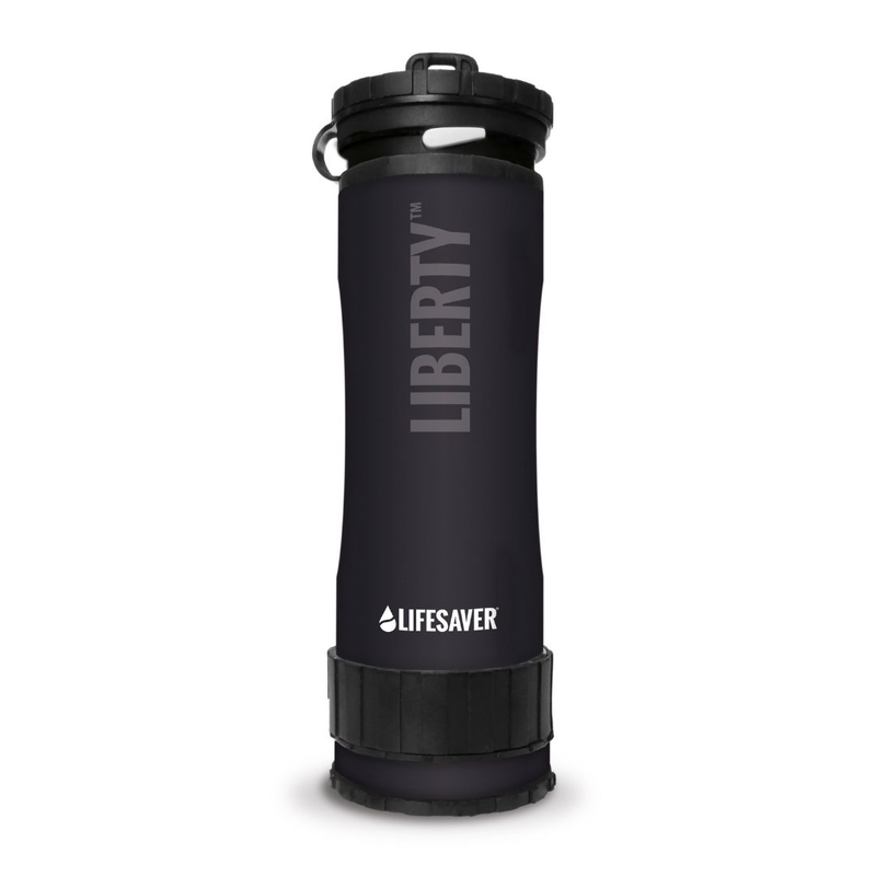 Load image into Gallery viewer, Black water bottle with &#39;Lifesaver&#39; branding on a white background
