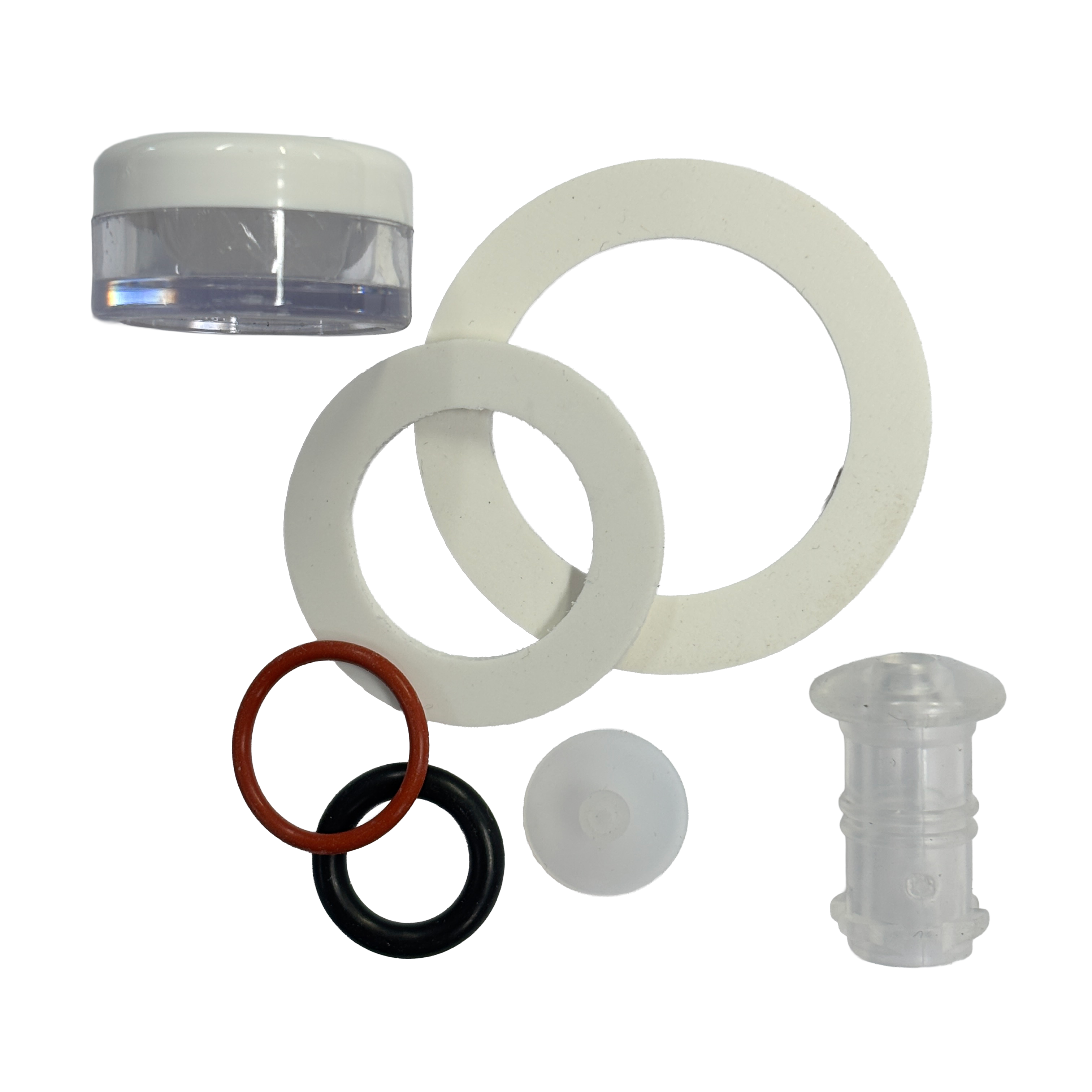 Set of spare parts including washers, and an O-ring on a white background