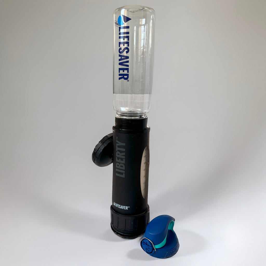 A LifeSaver Nalgene bottle shown with a LifeSaver Liberty