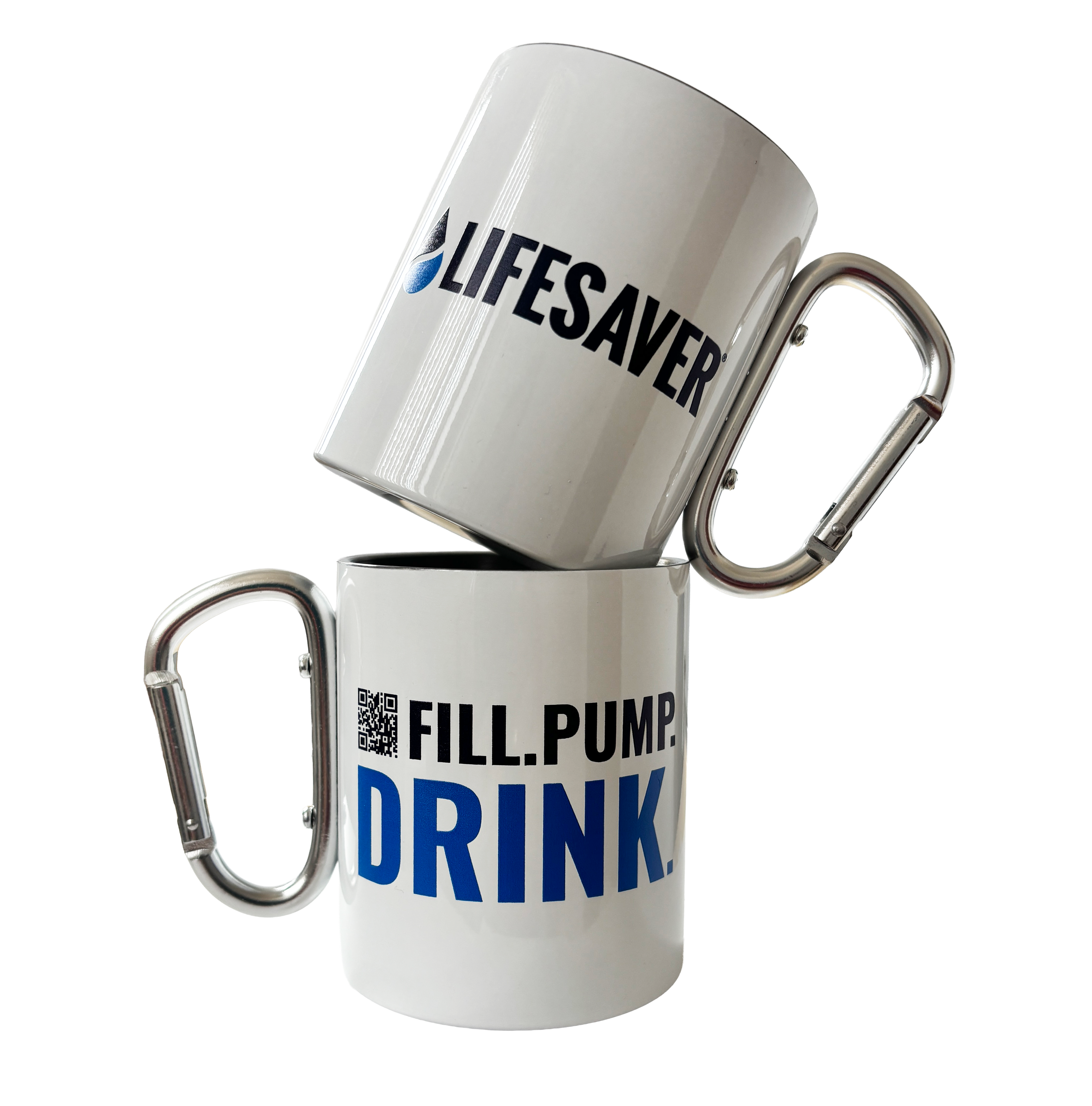 Two white mugs with carabiners attached, one labeled 'Lifesaver' and the other 'Fill. Pump. Drink.'