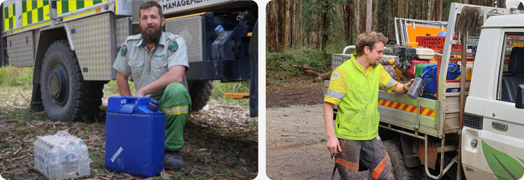 Emergency services workers using a LifeSaver Jerrycan