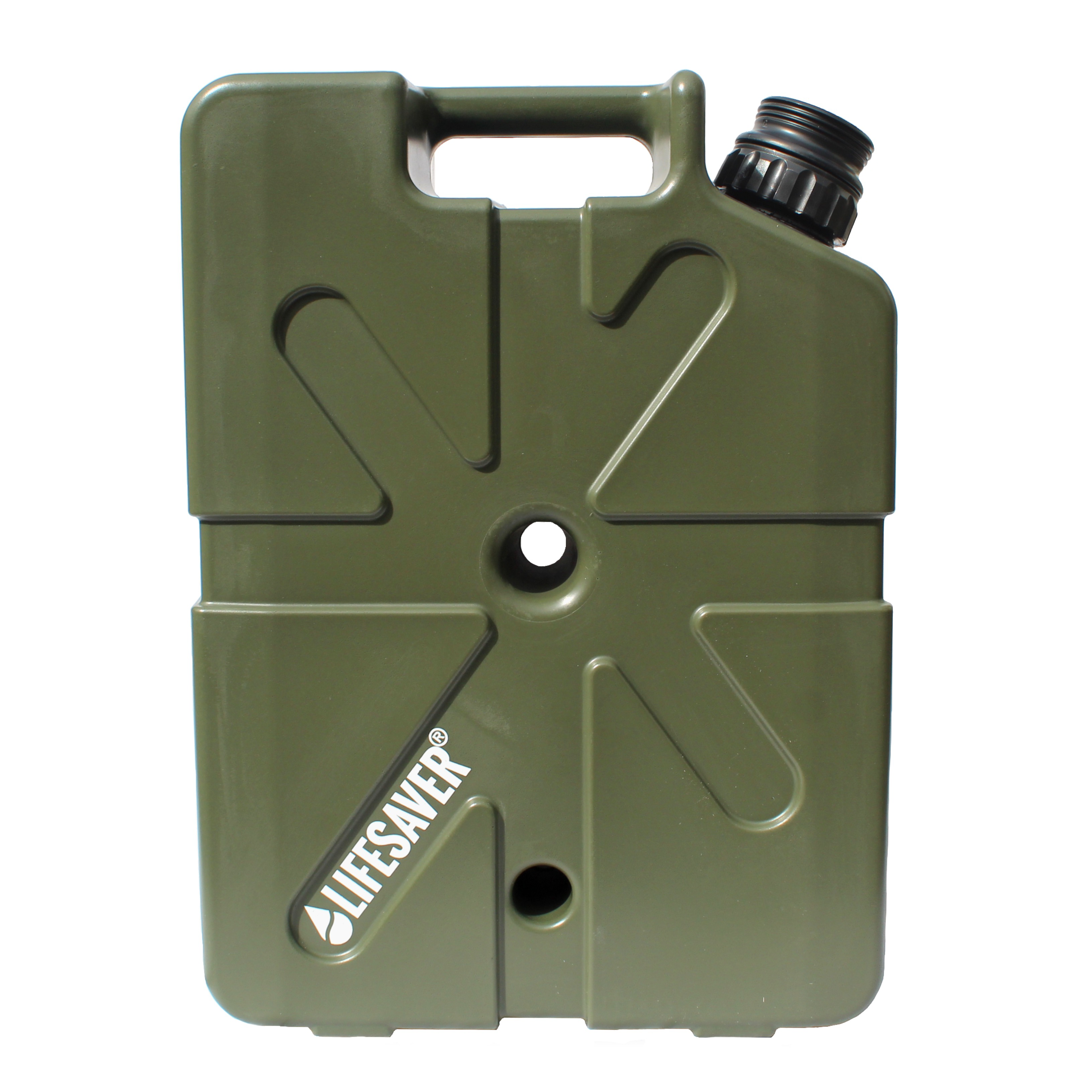 Green jerrycan with 'Lifesaver' branding on a white background