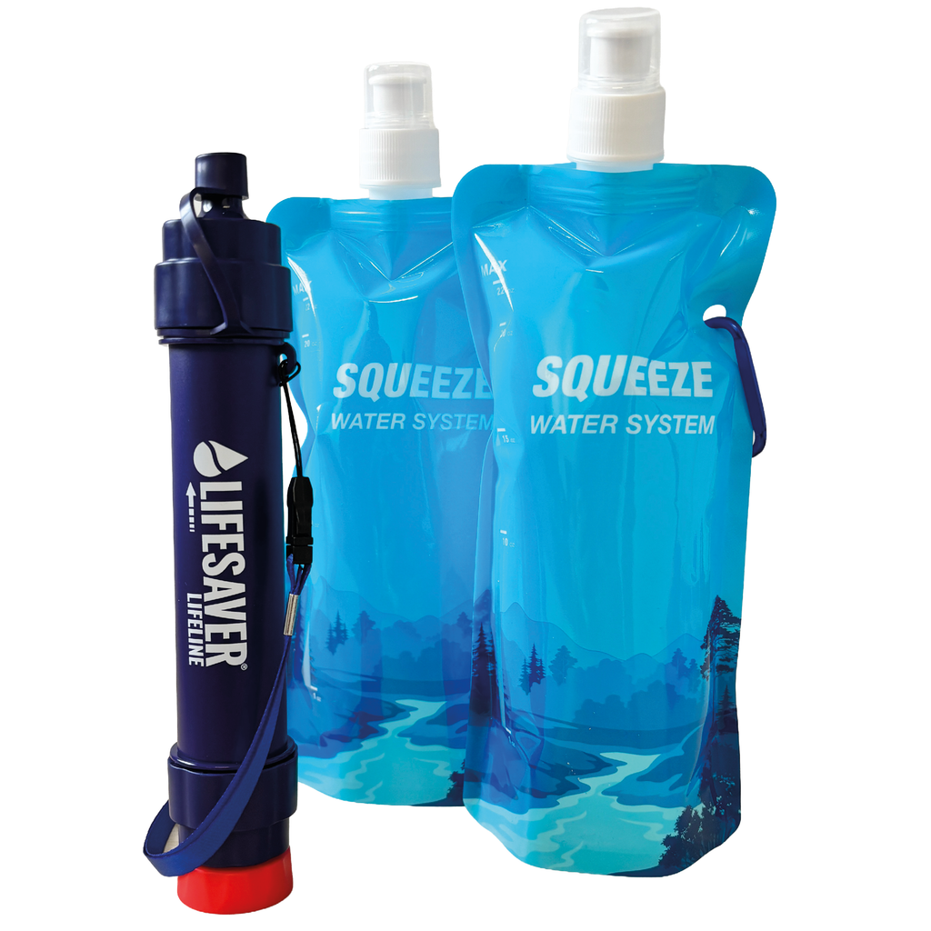 Lifesaver Lifeline squeeze water system with blue pouches and black handheld pump on a white background