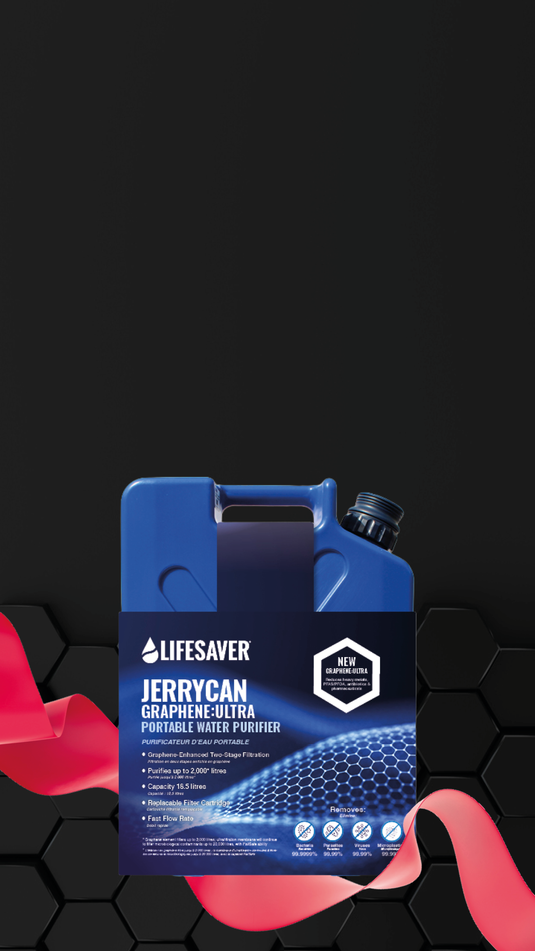 Lifesaver Jerrycan Graphene Ultra portable water purifier on a black and red abstract background