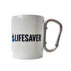 White mug with 'Lifesaver' text and a carabiner handle on a white background