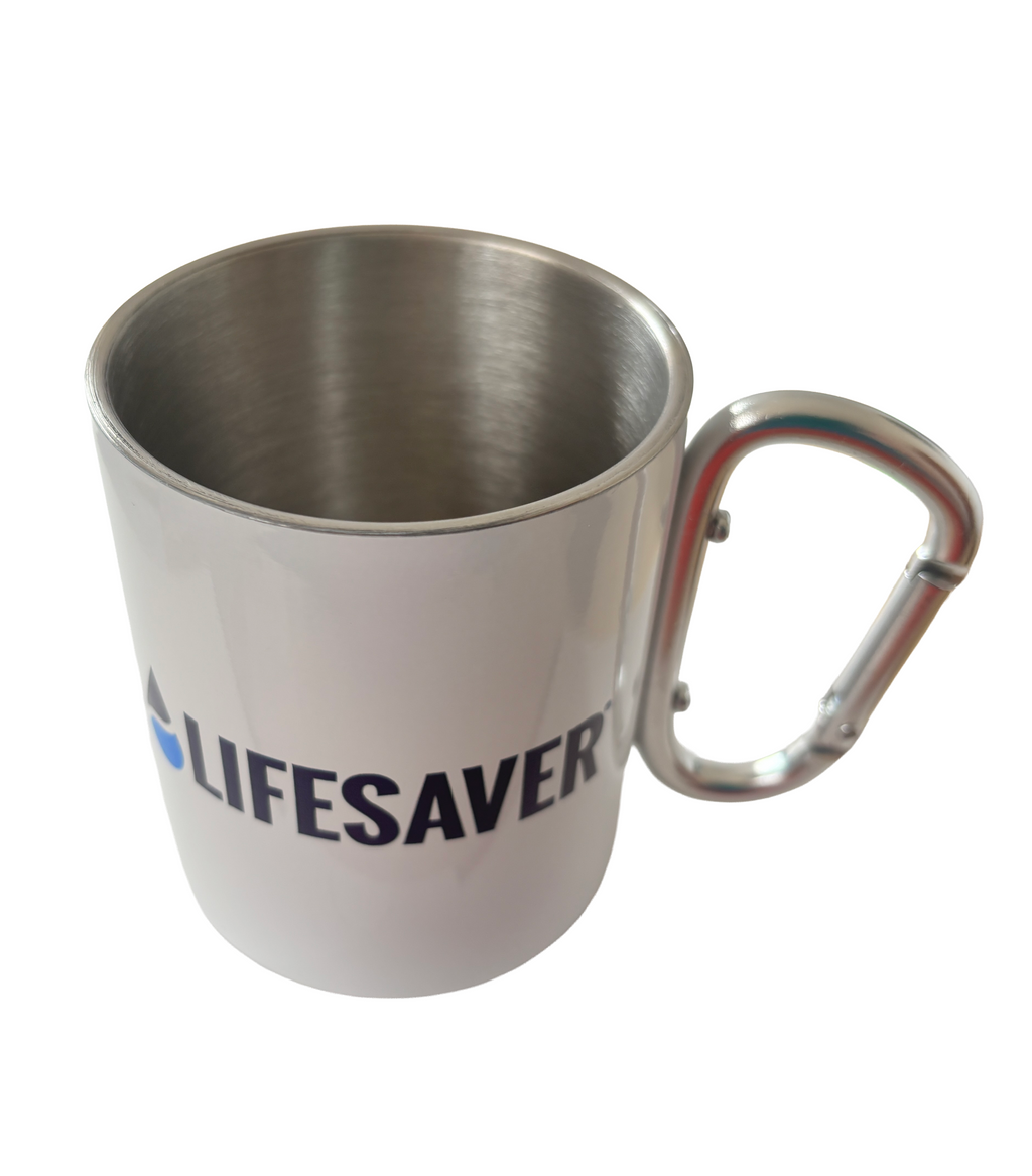 Stainless steel mug with carabiner handle on a white background, featuring the word 'Lifesaver'.
