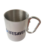 Stainless steel mug with carabiner handle on a white background, featuring the word 'Lifesaver'.