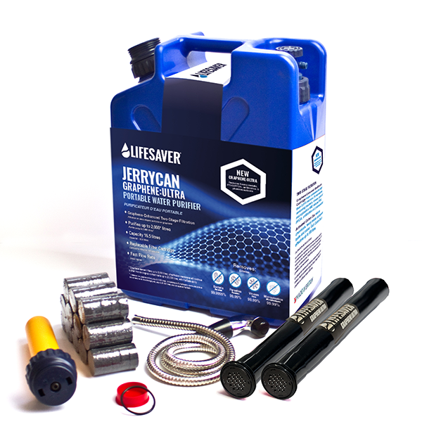 Load image into Gallery viewer, Lifesaver JerryCan Graphene-Ultra portable water purifier with packaging and accessories on a white background
