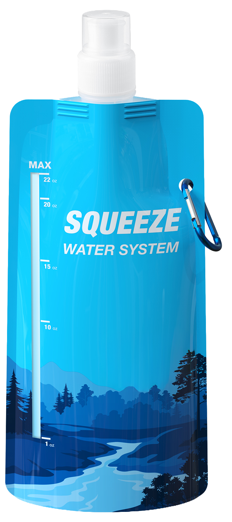 Blue LifeSaver Lifeline squeezable water system with a scenic design on a white background