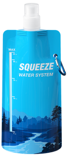 Blue LifeSaver Lifeline squeezable water system with a scenic design on a white background