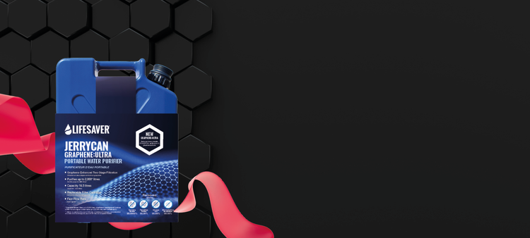 Lifesaver Jerrycan Graphene product on a black background with red accents