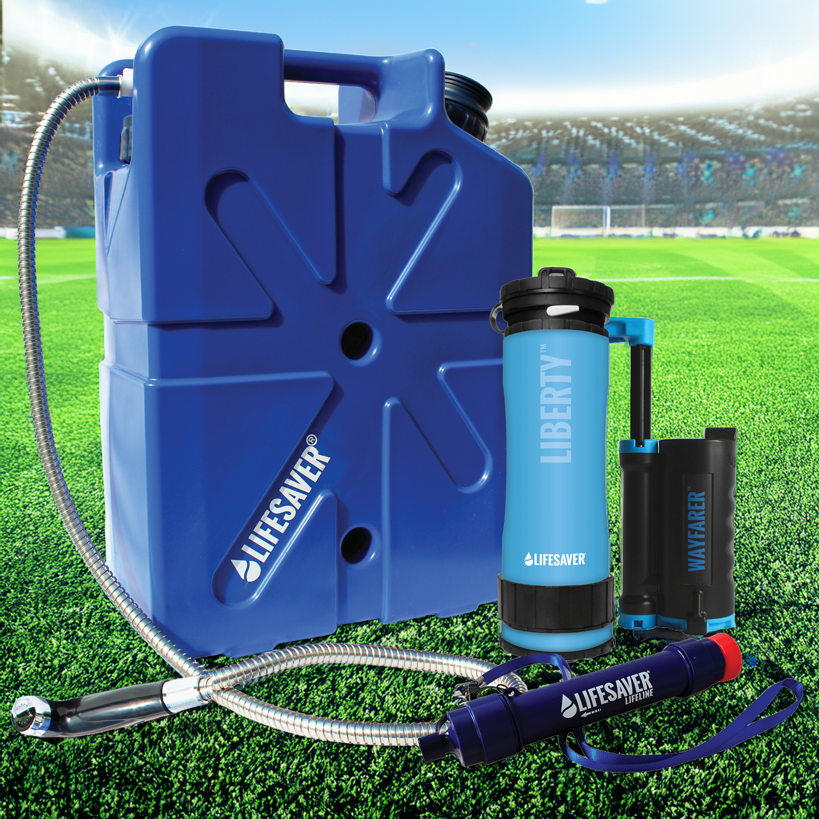 Blue water purification system with Liberty branding on a grassy field background